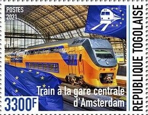 year=2021, Togo Stamp with NS train at Amsterdam Central station