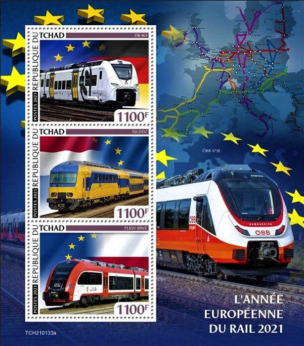 year=2021, Tchad Stamp sheet with Dutch train DDZ Class