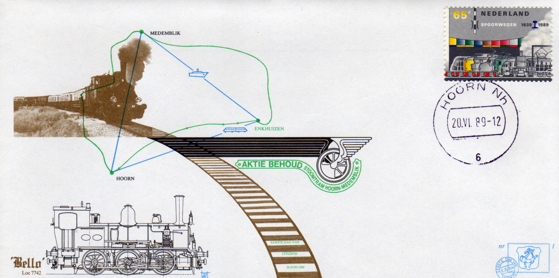 FDC: Steamtram Hoorn - Medemblik with loco 7742 Bello, 1989