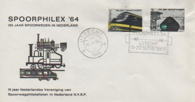 FDC: 125 Years Dutch Railways, Spoorphilex Utrecht, 16-20 September, 1964