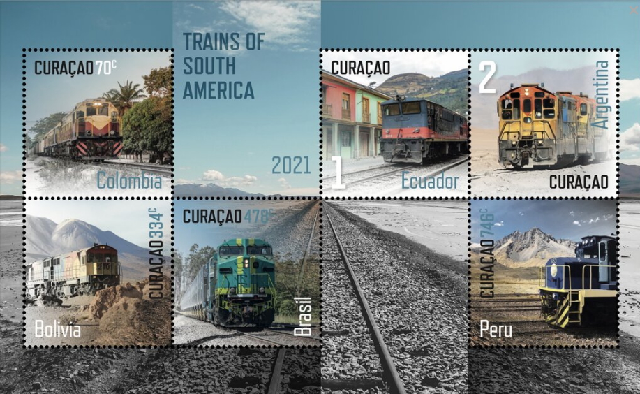 Curaao stamp sheet with South American trains