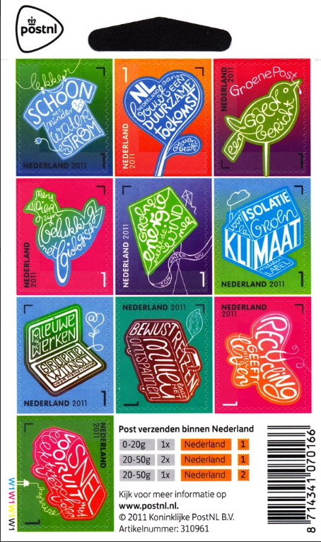 year=2011, Dutch stamp with green mail suitcase and bus - NVPH: 2863 and 2865