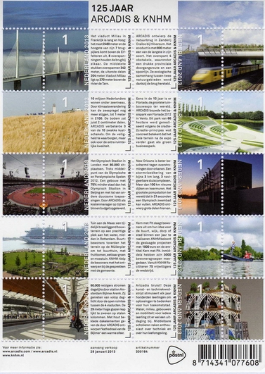 year=2013, Dutch stamp sheet with 125th anniversary of ARCADIS (and KNHM)- NVPH: 3017